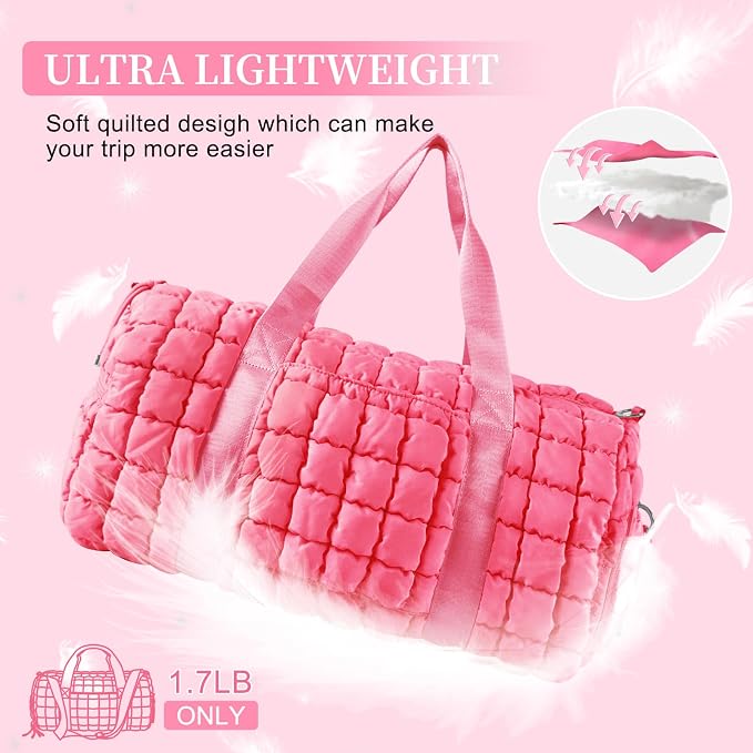 Quilted Travel Duffle Bag Gym Bag for Women,Large Puffer Duffle Weekender Bag with Compartment,Workout Overnight Carry on Organizer Bag Duffle Bag for Airplane Travel(L-Pink) - Image 7