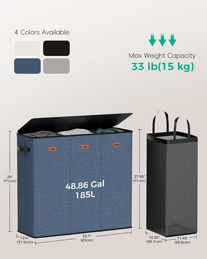 185L Laundry Hamper 3 Section with Lid & Removable Bags | Collapsible laundry basket organizer for laundry room, bedroom & dorm with 3 removable washing bags - Image 4
