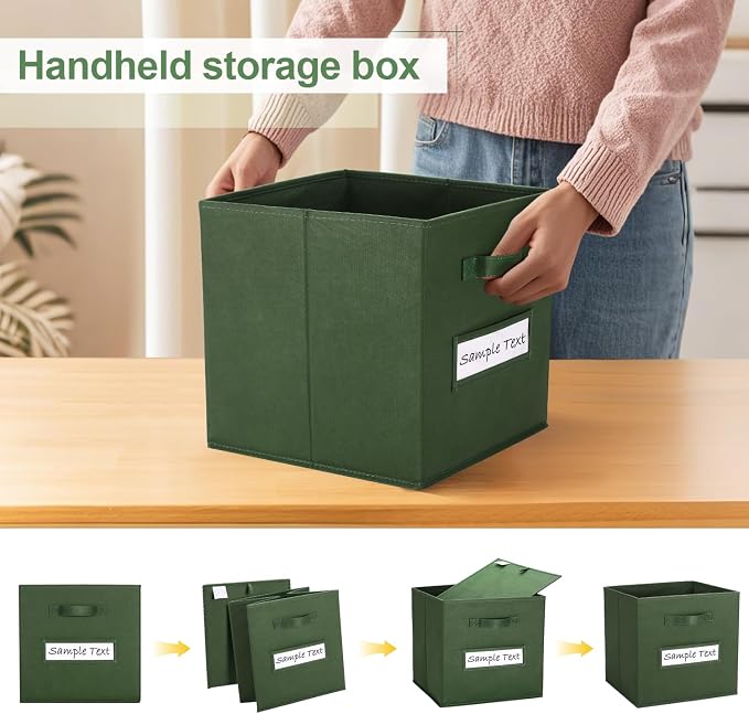 13x13x13 storage cube bins (Set of 10) Fabric storage cubes with 10 Labels Window Cards & a Pen, storage cubes 13x13, Collapsible 13 inch cube storage bins, Cubby Organizer Boxes, Dark Green - Image 4