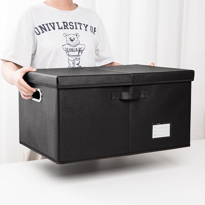 Collapsible Storage Box with Lid [3-Pack] Leather Fabric Foldable Storage Bin Organizer Container Basket Cube with Cover for Home Bedroom Closet Office Nursery Black(22.8X15.7X11.8) - Image 6