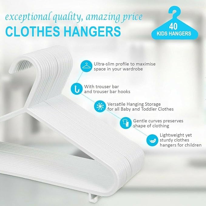 MYJ Plastic Kids Hangers for Clothes (Pack of 40) - Durable and Slim Baby Hangers - Space Saving Children's Hangers for Clothes - Infant Hangers & Kids Coat Hangers - Image 9
