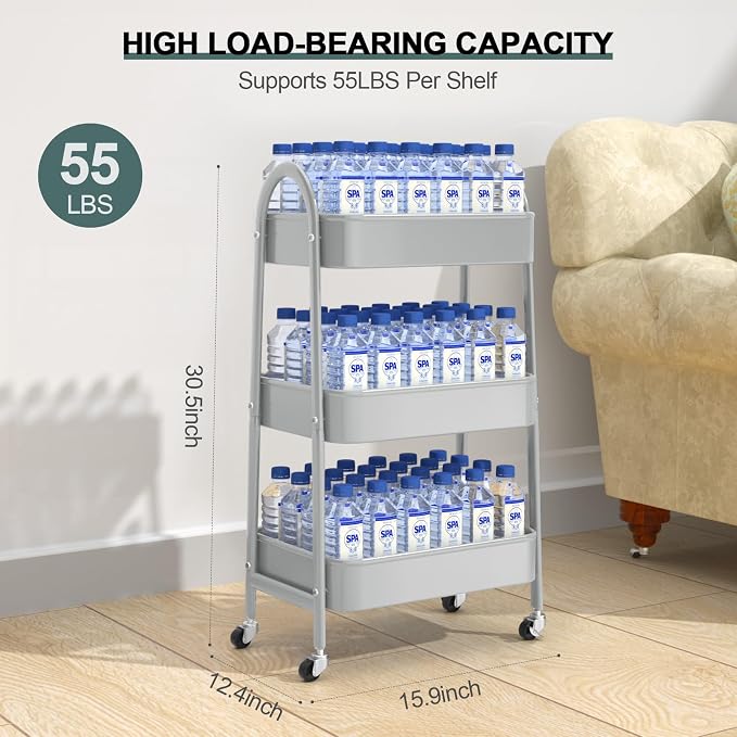 3 Tier Utility Rolling Cart, Metal Storage Cart with Handle and Lockable Wheels, Multifunctional Storage Organizer Trolley with Mesh Baskets for Kitchen, Living Room, Office, Garage (Grey) - Image 6