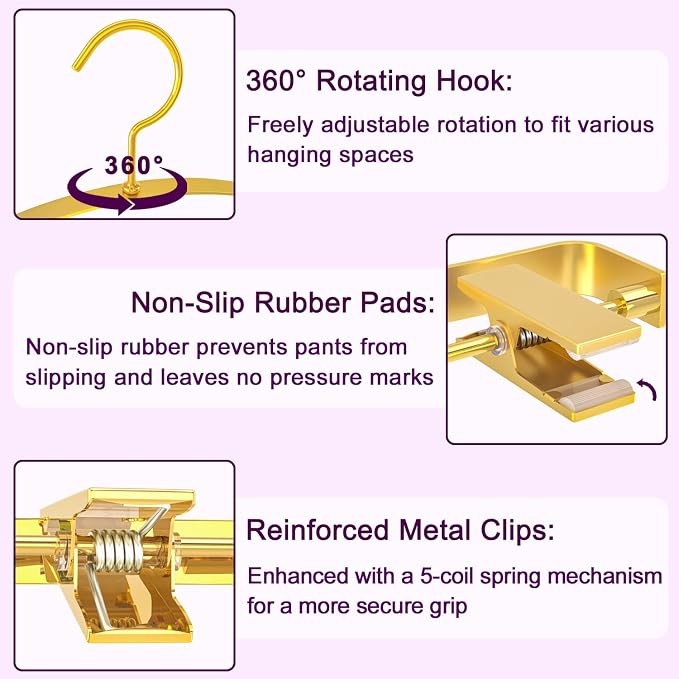 Wide Thickened Pants Hangers, Upgraded 2-in-1 Design Skirt Hangers, 10Pack | Non-Slip, Heavy Duty Shorts Hangers with 2 Adjustable Metal Clips for Pants, Skirt, Trousers, Jeans, Clothes - Image 4