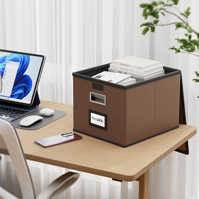 File Organizer Box with Lids, Collapsible File Folder Organizer | File Box with Plastic Slides for Document, Filing Bin for Letter Size Hanging File Folders (2 Pack, Dark Brown, Leather) - Image 3