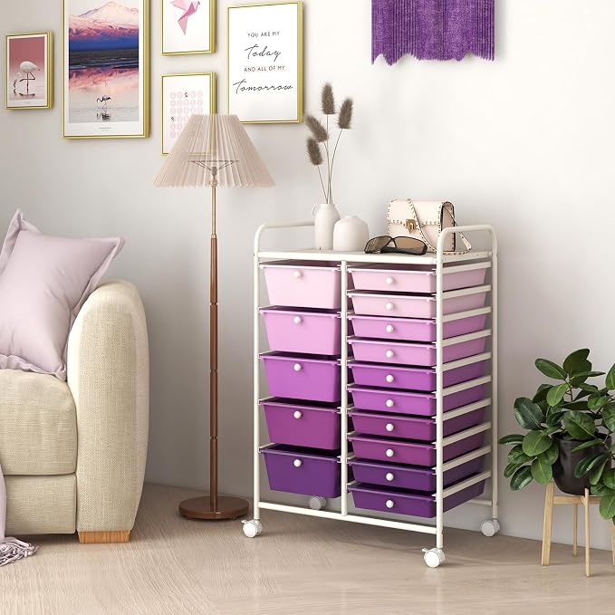 DREAMADE Rolling Cart with 15 Drawers, Rolling Drawer Organizer Cart w/Lockable Wheels, Removable & 2-Sized Storage Drawers, Art Cart for School Home Art Supplies Crafts File Scrapbook - Image 2