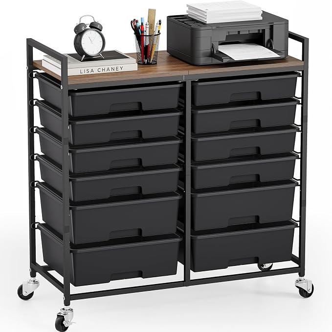 TOOLF 12 Drawers Rolling Storage Cart with Wooden Top for Classroom, Black | Teacher Cart Craft Art Supply Organizer, Utility Cart with Lockable Wheels for Home Household Essentials, Office Organization by TOOLF