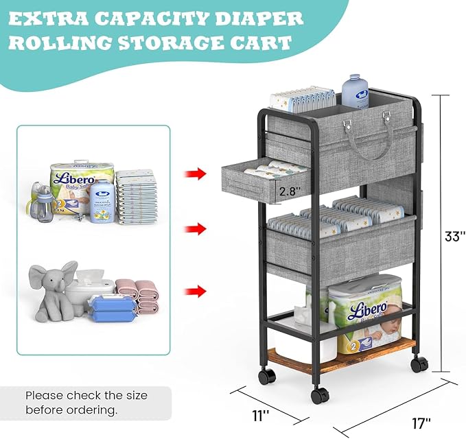 LIDTOP 2In1 Baby Diaper Caddy & 4-Tier Rolling Diaper Cart, Diaper Caddy Organizer Cart with Dividers & Drawer, Mobile Metal Bedside Cart for Nursery Essentials Storage, Large Capacity - Image 2