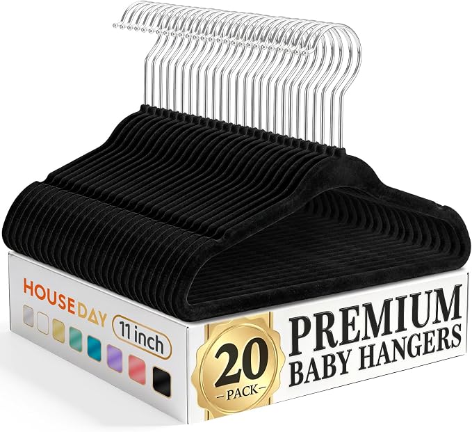 HOUSE DAY 11 Inch Black Velvet Baby Hangers 20 Pack, Premium Kids Hangers | Hanger for Children Infant & Toddler Clothes, Durable Non Slip Baby Felt Hanger for Closet, Ideal for Everyday Use by HOUSEDAY
