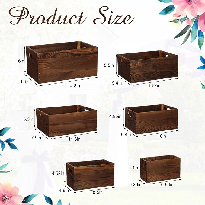 AceOrbit Set of 6 Rustic Wood Crates, Nesting Storage Boxes,Classic Brown | Distressed Wooden Containers with Cutout Handles, Vintage Farmhouse Wedding Party Decor, Decorative Baskets for Supplies - Image 2