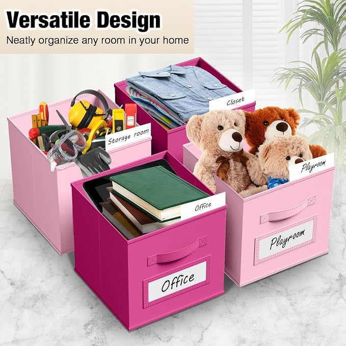 Teenyyou 10 Pack Fabric Storage Cubes 11 Inch Collapsible Cube Bins with Label Window & Handle Foldable Organizers Baskets for Shelf Closet Nursery Kids Room Clothes Book Toy(Pink, Rose Red) - Image 4