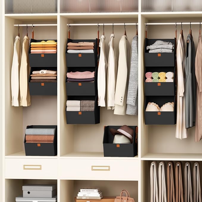Collapsible Hanging Closet Organizer - 6 Tier Closet Shelves Storage System with Hooks, Fabric Hanging Storage Bins for Clothes, Foldable Storage Basket for Laundry, Bedroom, Rv, Black - Image 5