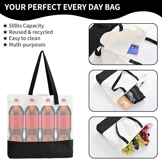 1 Pack Canvas Tote Bag with Zipper, Large Reusable Grocery Tote, Black | Blank bag, washable, inner pocket, flat bottom, sturdy handle, for sublimation DIY/transfer, travel/beach/Christmas crafts - Image 3