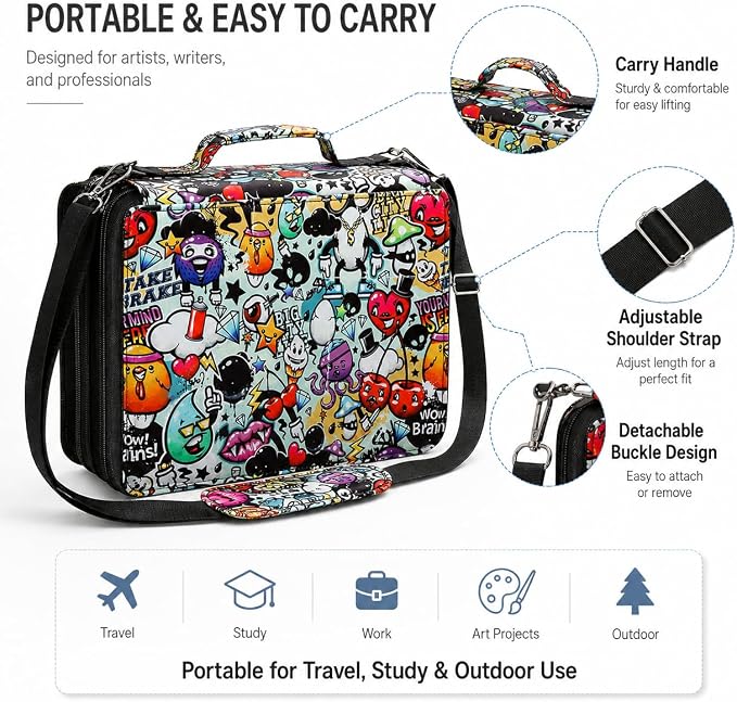 168-Slot Marker Organizer Bag, 3-Layer Case with Strap | 168-slot 3-layer marker bag in twill Oxford fabric with handle, detachable strap, smooth zipper for studio and outdoor use. - Image 3