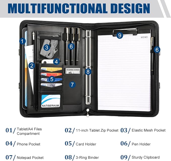 Portfolio Binder 3 Ring Includes Pen and 5 Dividers with 10 Pockets, Padfolio Organizer with Zipper for Men and Women, Includes A4 Notepad for Business, School, Work - Image 4