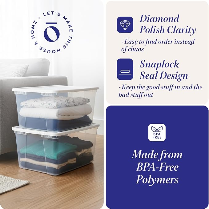 HOMZ 2-Pack Snaplock, Large Clear Plastic Storage Organizer Bins w/Lids, 56 Quart, White - Stackable Container Boxes for Bedroom, Bathroom, Garage, and Office Organization - Image 3