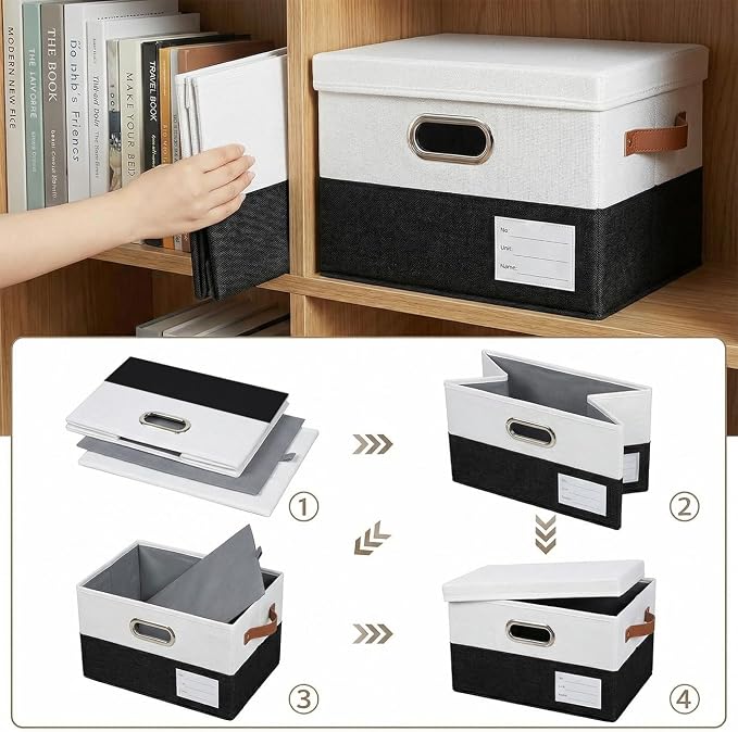 Storage Bins with Lids [3-Pack] Linen Fabric Foldable Storage Boxes Organizer Containers Baskets Cube with Cover for Bedroom Closet Office Black & White（11.4X8.6X6.7 - Image 5