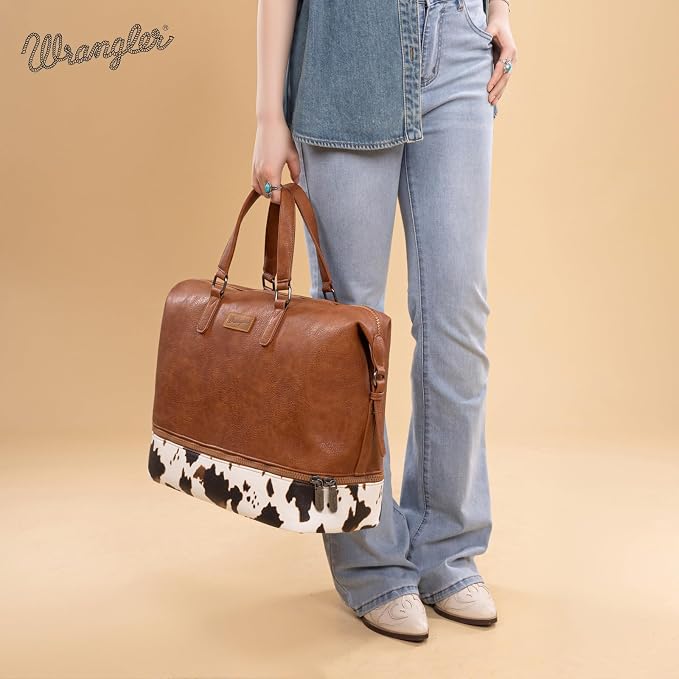 Wrangler Travel Duffel Bag Carry On Overnight Bag with Shoe Compartment Cow Print Weekender Bag for Women WG253-5110COW-BR - Image 6