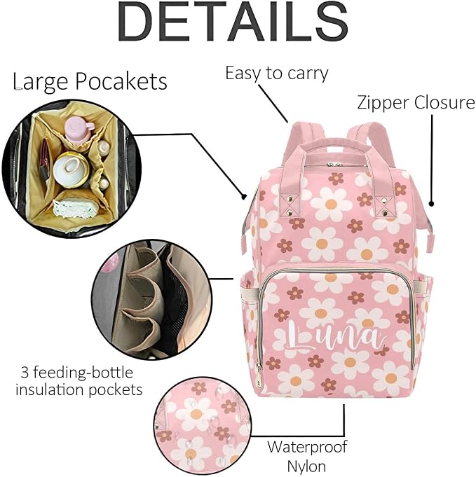 Custom Name Diaper Bag Backpack – Pink Flower Personalized Baby Nappy Bag with Insulated Bottle Holders – Waterproof Large Capacity Travel Backpack Gift for Parents - Image 5