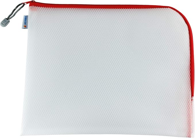 HERMA Red A4 Mesh Zipper Pouch, 36 x 28 cm, Universal Bag, File Folder, 100% Recycled, EVA Plastic, Straight Cut, End Position, Many Sheets, Clear Storage Wallet by HERMA
