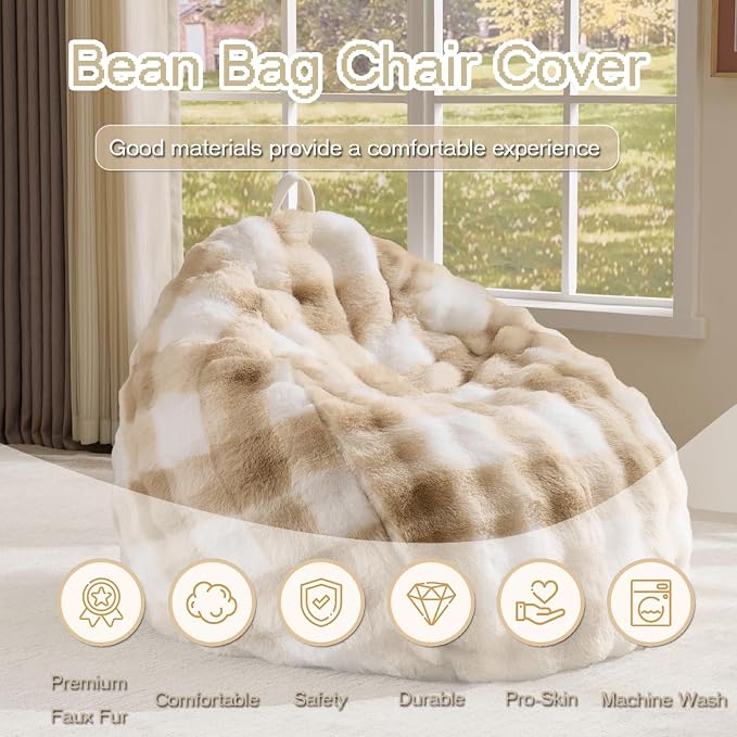 Fluffy Faux Rabbit Fur Bean Bag Chair Cover(No Filler),Cozy Shaggy Bubble Stuffed Animal Storage Large Bean Bag Cover for Bedroom Living Room,Fuzzy Bean Bag Cover Girls Teens Adult,Cream and Came - Image 2