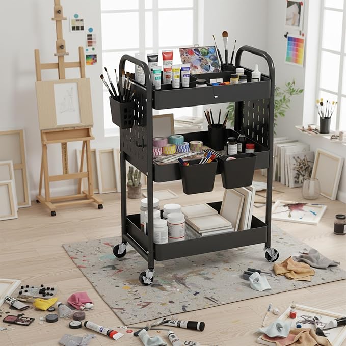 danpinera Craft Cart, Black Rolling Cart with Retractable Dividers & DIY Pegboards for Kitchen, Bedroom, Laundry - Image 8