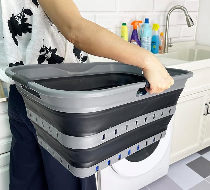 SAMMART 42 (11 Gallons) Collapsible Plastic Laundry Basket, Foldable Pop Up Storage Container/Organizer, Space Saving Hamper, Portable Bin for Dorm Room Bathroom (1, Grey/Black) - Image 3