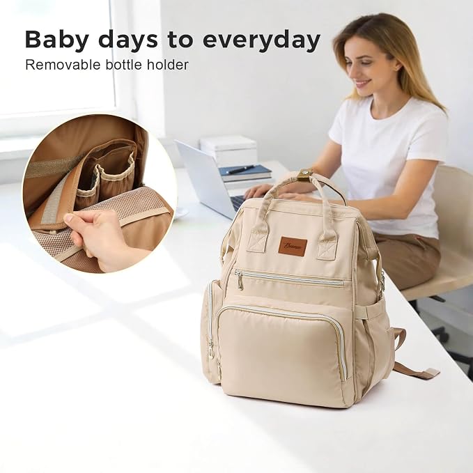 Diaper Bag Backpack with Wet/Dry Pocket, Changing Pad, 27L Beige | 14 Pockets, 3 Insulated Bottle Pockets & Rear Opening for Organizing, Stroller Straps & Luggage Sleeve for Travel - Image 9