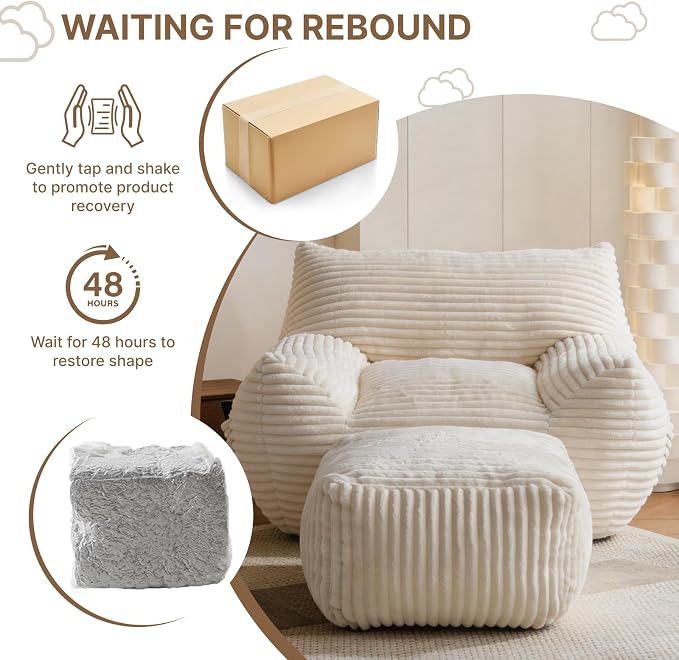 Oversized Bean Bag Chair with Ottoman, Bean Bag Couch with 2 Side Pockets, Corduroy Boneless Couch Chair in a Box, Comfy Lounge Chair for Living Room, Bedroom, Dorm, White - Image 8