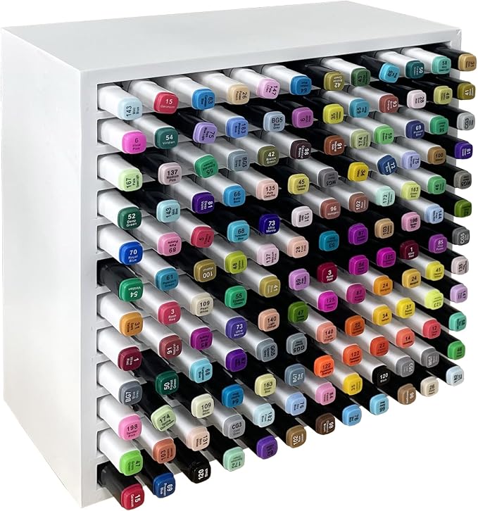 MinBoo Bamboo Art Supply Storage Rack - Wooden Marker Organizer for 144 Markers, Pens, Colored Pencils, Paint Brushes (White) by MinBoo