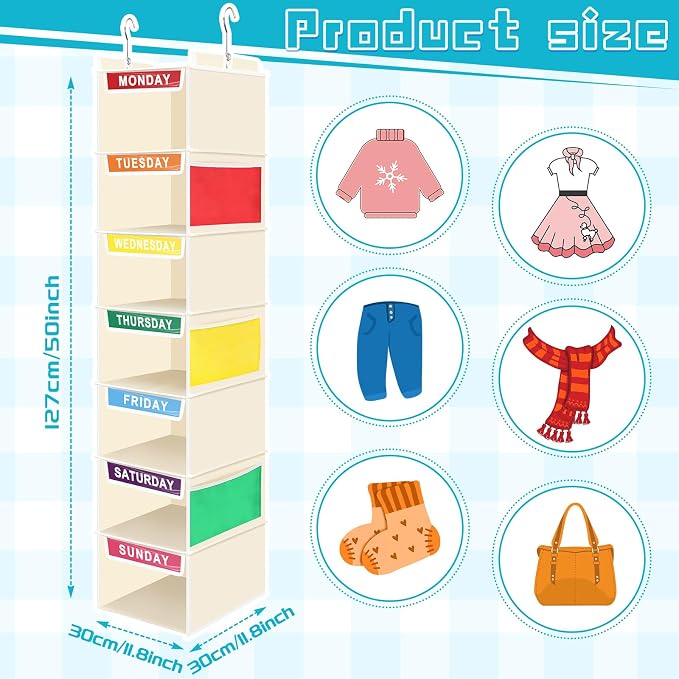 2 Pcs 7 Shelf Weekly Clothes Organizer for Kids Hanging Closet Organizer 11. 8 x 11. 8 x 50 Inches Daily Activity Kids Clothes Storage Drawers Cube Drawers Closet Hanging Shelves(Beige) - Image 2