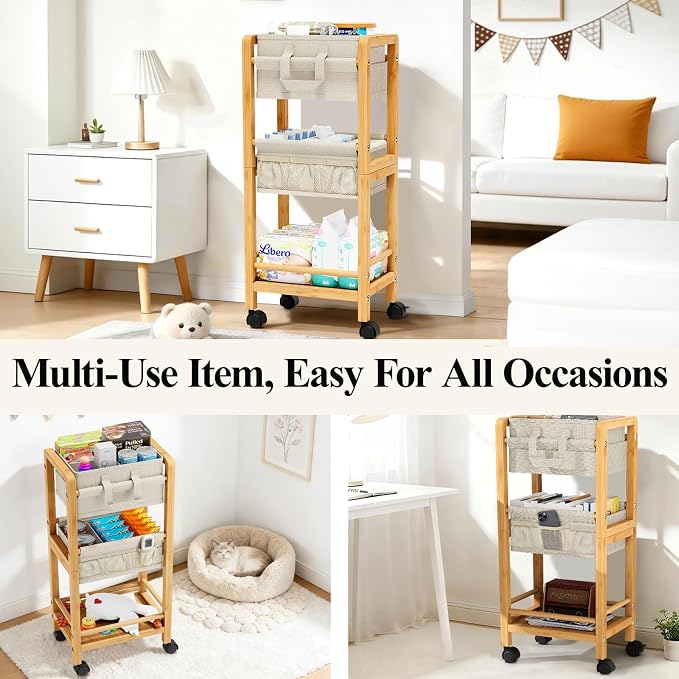 Bamboo Diaper Caddy Cart with Wheels - 3-Tier Rolling Storage，Beige | Removable bins, side pockets, sturdy handle, smooth wheels. For nursery, living room, laundry, pet. Natural bamboo, versatile - Image 8