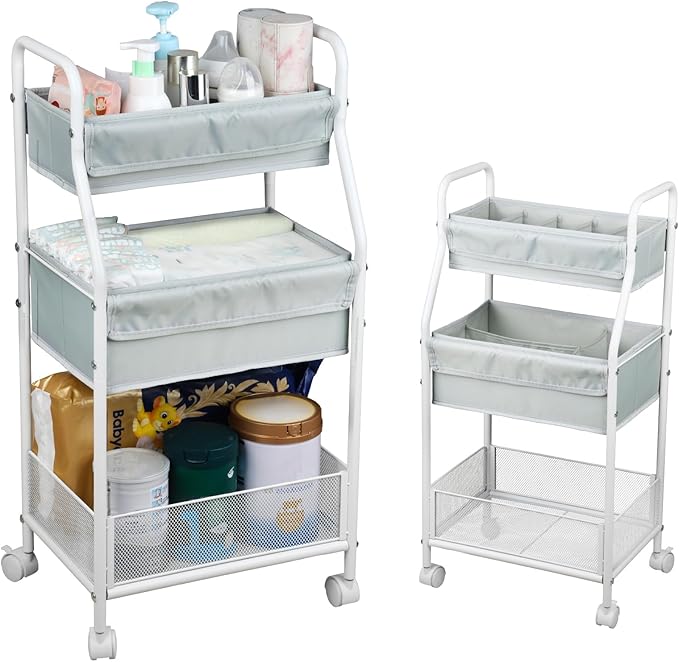 Rolling Utility Cart with Wheels, 3-Tier Diaper Cart, Rolling Nursery Cart & Baby Caddy Organizer for Nursery Essentials, Bedside/Postpartum Cart, Craft & Art Storage, Rolling Book Cart by MOTEPH