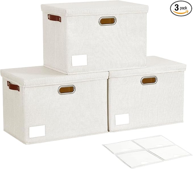 17" Large Fabric Storage Box with Lids, 3-Pack, White | Stackable, Foldable, 2 PU Handles and 2 Metal Handles, Decorative Fabric, For Home, Bedroom, Closet, Office, Nursery by Roobyl