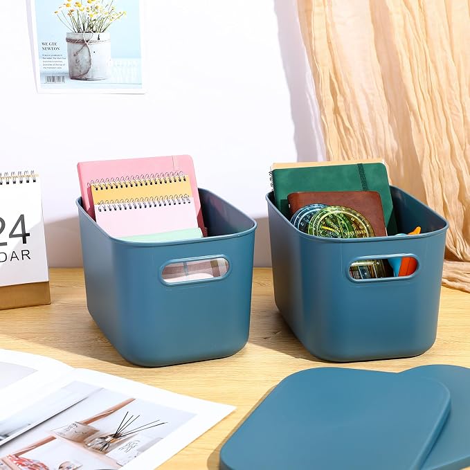 8 Pack Storage Bins, 16.1 X 12.0 X 9.7 Inch Blue | Plastic Stackable Containers with Lid Handle, For Shelves Desktop Playroom Office, Organizing Toys Books Supplies Storage - Image 3