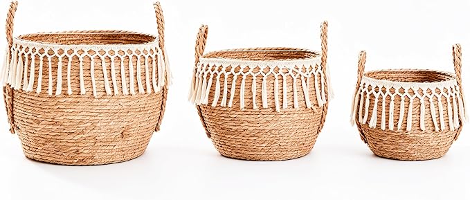 3 Pack Boho Woven Cattail Storage Basket, Belly Basket for Plant, puppy toy Toy & Home Storage, Decorative Organizer for Living Room, Bathroom & Gifting, 14", 12" & 9" - Image 7