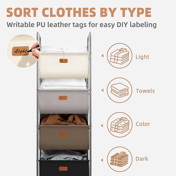 STORAGE MANIAC Vertical Rolling Laundry Hamper, 4 Section Laundry Sorter with Wheels and 2 Breaks, 4-tier Laundry Baskets for Small Space, Dorm, Laundry Room, Closet, Multicolored 4-tier - Image 5