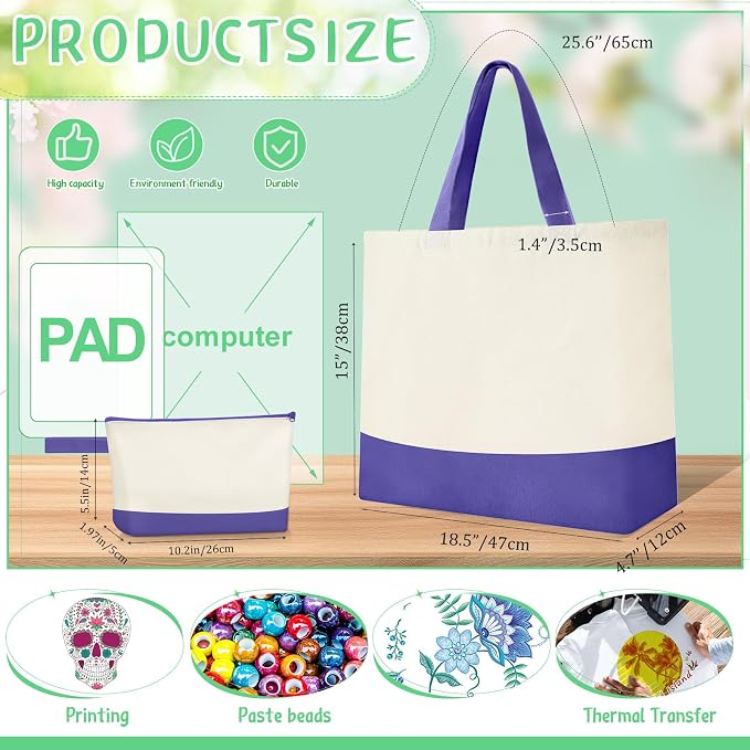 Sanwuta 30 Pcs Canvas Tote Bags Bulk with Zipper Cosmetic Pouch,Purple | 18.5" Reusable Cotton Shopping Bag with Handle for DIY Craft - Image 3