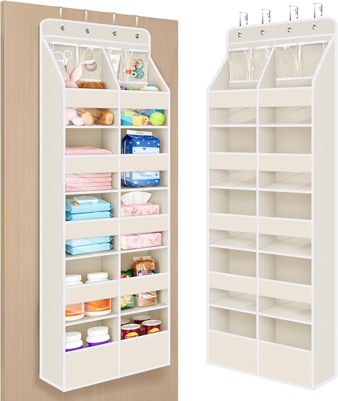 Univivi Upgraded Over the Door Organizer for Baby Nursery, Beige, 6-Shelf | Fabric Behind Door Storage with Clear Window Deep Pockets, Over Door Hanging Organizer for Baby Essential, Bedroom, and Dorm by Univivi