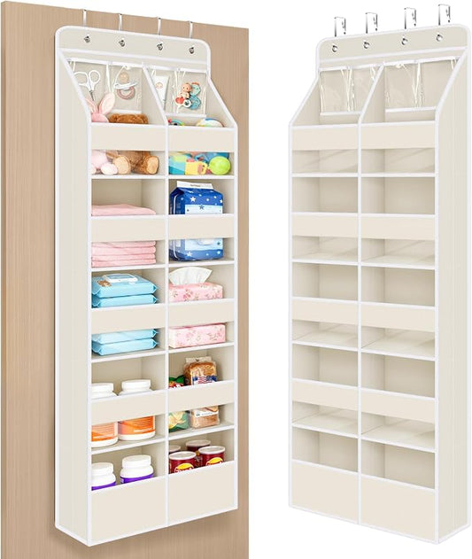 Univivi Upgraded Over the Door Organizer for Baby Nursery, Beige, 6-Shelf | Fabric Behind Door Storage with Clear Window Deep Pockets, Over Door Hanging Organizer for Baby Essential, Bedroom, and Dorm by Univivi
