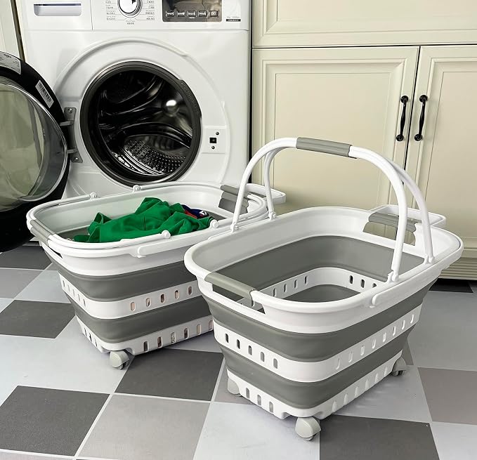 SAMMART 35L (9.24 Gallons) Collapsible Plastic Laundry Basket with Handle and Wheels - Foldable Pop Up Storage Container/Organizer with handle and wheels - Space Saving (2, White/Grey) - Image 6