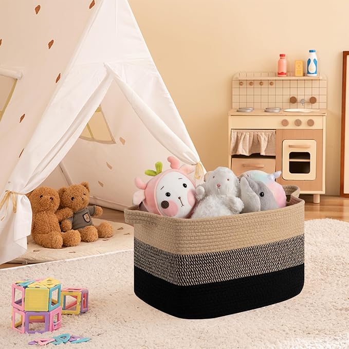 OIAHOMY Woven Storage Basket, Cotton Rope Baskets for Toys,Towel, Clothes, Used to Bathroom,Living Room,Nursery,Bedroom, 16"x12"x10"- Pack of 3, Black & Brown - Image 2