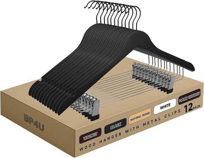 Wooden Hangers with Adjustable Metal Clips, 12-Pack, Black | Solid Wood Hangers with 360° Rotatable Hook for Skirt, Dress, Coats, Jacket and Pants, Space-Saving and Non-Slip Design by BP4U%E2%84%A2