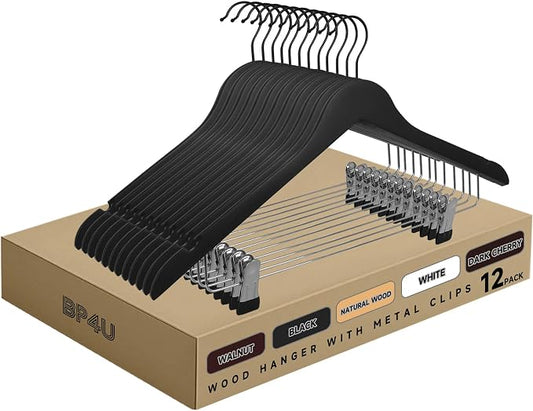 Wooden Hangers with Adjustable Metal Clips, 12-Pack, Black | Solid Wood Hangers with 360° Rotatable Hook for Skirt, Dress, Coats, Jacket and Pants, Space-Saving and Non-Slip Design by BP4U%E2%84%A2