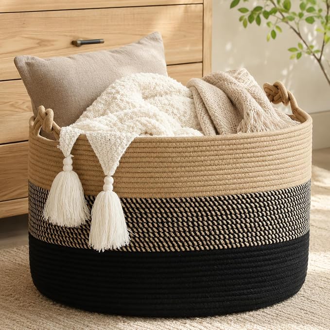 KAKAMAY Large Blanket Basket (20"x13"),Woven Rope Baskets for storage Baby Laundry Hamper, Cotton Rope Blanket Basket for Living Room, Laundry, Nursery, Pillows,Baby Toy chest (Jute/Black) by KAKAMAY