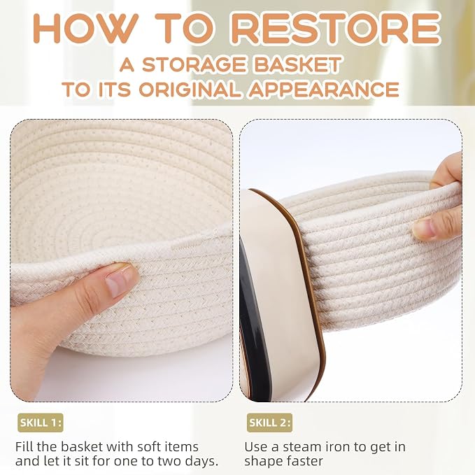 8 Pack Small Woven Storage Baskets with Gift Bag and Ribbon for Organizing Woven Natural Cotton Rope Bin Round Boho Empty Decorative Gift Chest Basket Box for Bathroom, Closet, Shelf Organizer (White) - Image 3