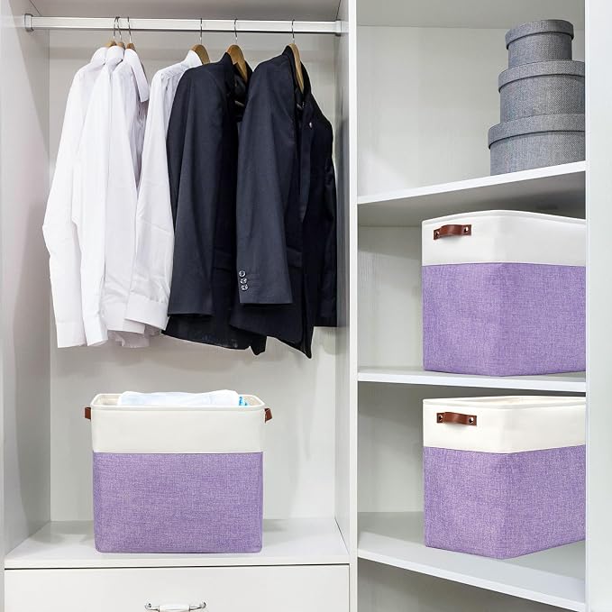 Large Fabric Storage Baskets | 50L Storage Bins, Decorative Linen Closet Baskets with Handles for Organizing, Shelf, Toys, Clothes, Home, Office, Nursery, 17x12x15Inches (Purple&White) - Image 2