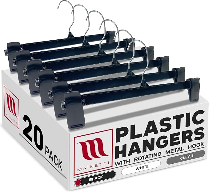 12in Black Plastic Pants Hangers with Non-Slip Clips (20 Pack) | Space-Saving Black Plastic Hangers, Non-Slip Clips & 360 Swivel Metal Hook, Closet Hangers for Pants, Skirts, Slacks & Shorts by Mainetti