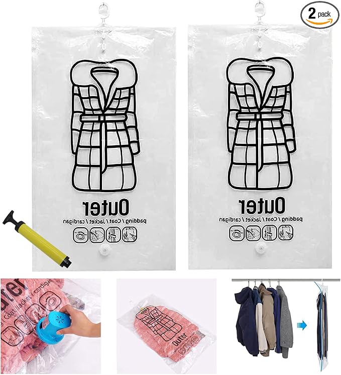 2023 Hanging Compressible Storage Bag -【New Version】Vacuum Storage Bags w/ Manual Air Seal Tight Pump, Reusable Space Saving Storage Bags for Clothes Vacuum Organizer Home Closet Organization (Large, 2PCS) by wekunro