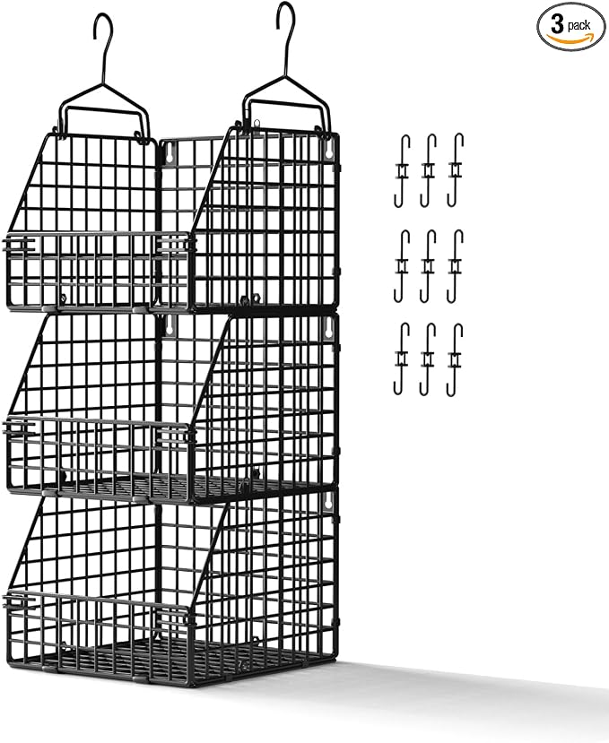 PUPPYCUTE Larger & Deeper Hanging Storage Basket, Closet Organizers and Storage, Hanging Shelves Wire Baskets for Clothing Sweaters Purse Handbags Shoes Black 3 Tier by PUPPYCUTE