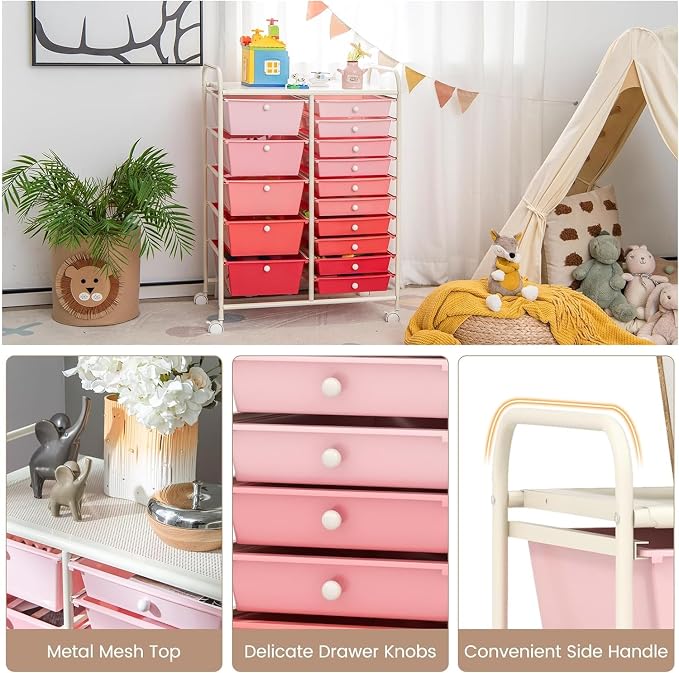 15 Drawer Rolling Storage Cart, Rolling Cart with Drawers for Classroom, Art Supply Craft Organizer on Wheel with Metal Frame & Handles for Home Office School - Image 8